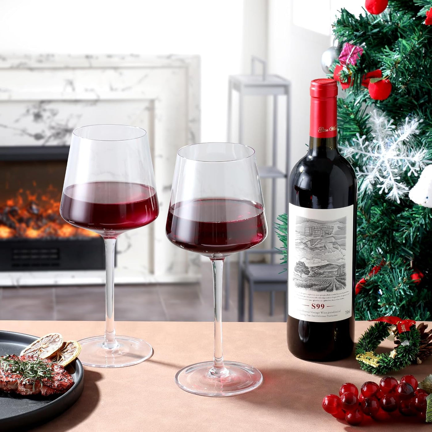 Red Wine Glasses Hand Blown Italian Style Crystal, Set of 2 Glasses